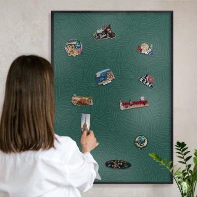 Metal wall board for magnets in a black frame Green leaves