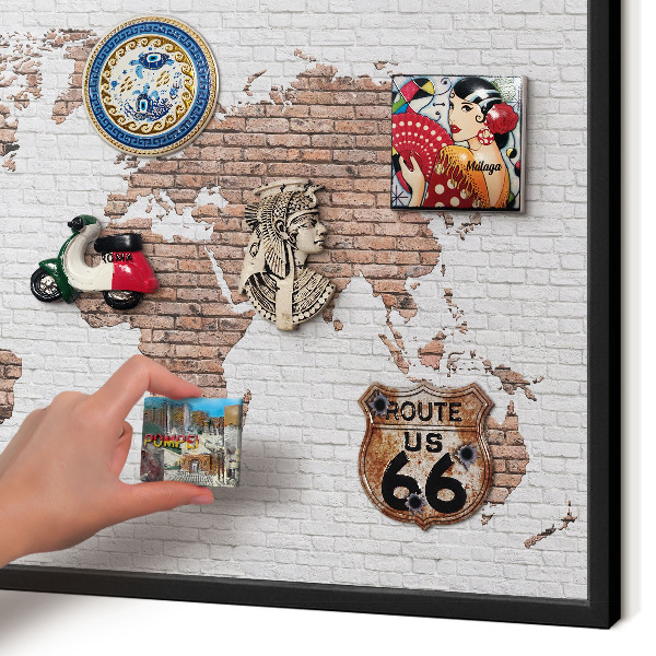 Vacation magnet board with a black frame Brick map
