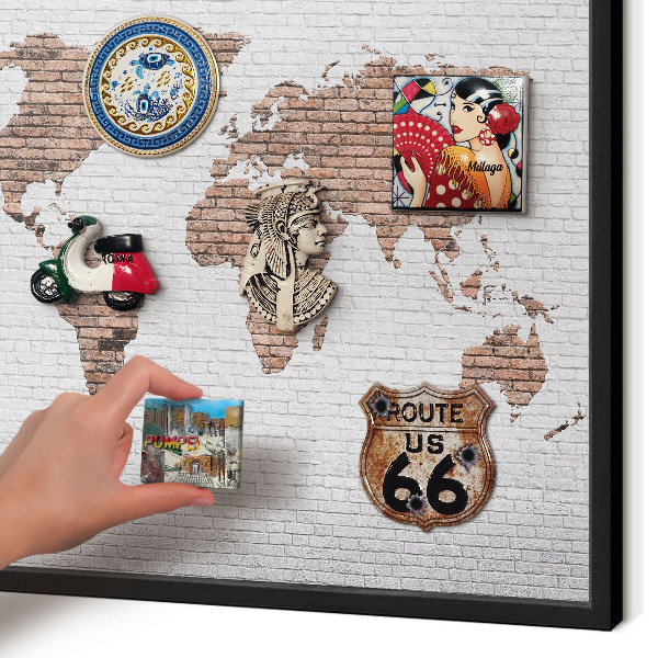 Vacation magnet board with a black frame Brick map