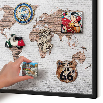 Vacation magnet board with a black frame Brick map