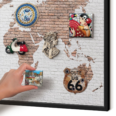 Vacation magnet board with a black frame Brick map
