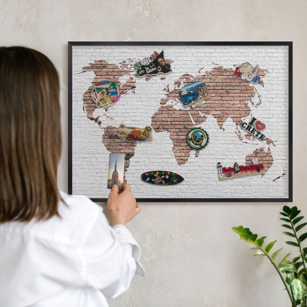 Vacation magnet board with a black frame Brick map