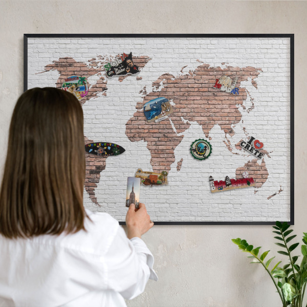 Vacation magnet board with a black frame Brick map