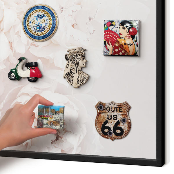 Vacation magnet board with a black frame White peonies