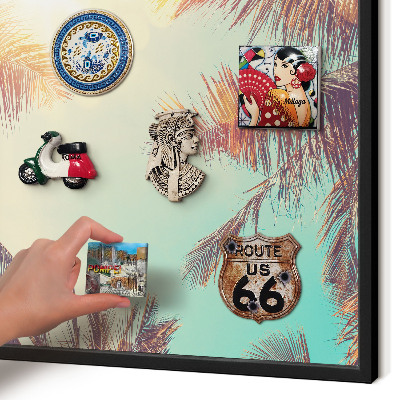 Metal wall board for magnets in a black frame Tropical paradise