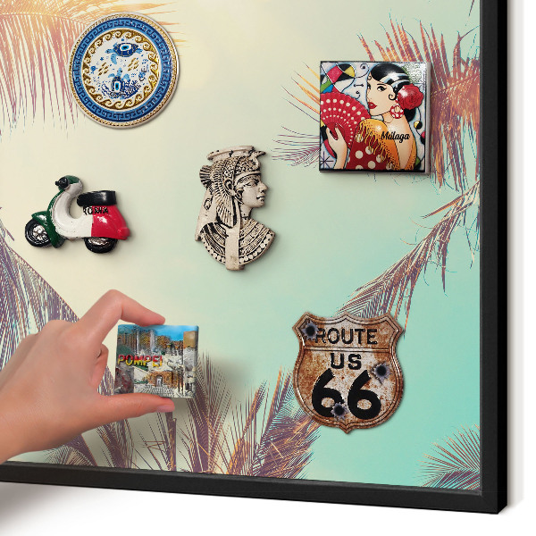 Metal wall board for magnets in a black frame Tropical paradise
