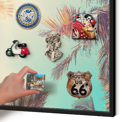 Metal wall board for magnets in a black frame Tropical paradise