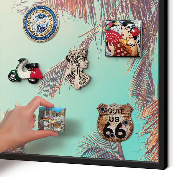 Metal wall board for magnets in a black frame Tropical paradise