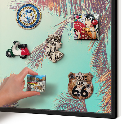 Metal wall board for magnets in a black frame Tropical paradise