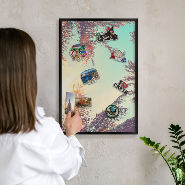 Metal wall board for magnets in a black frame Tropical paradise