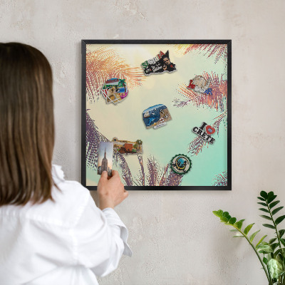 Metal wall board for magnets in a black frame Tropical paradise