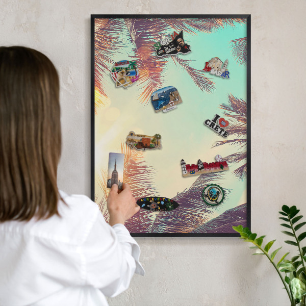 Metal wall board for magnets in a black frame Tropical paradise