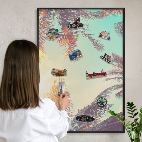 Metal wall board for magnets in a black frame Tropical paradise
