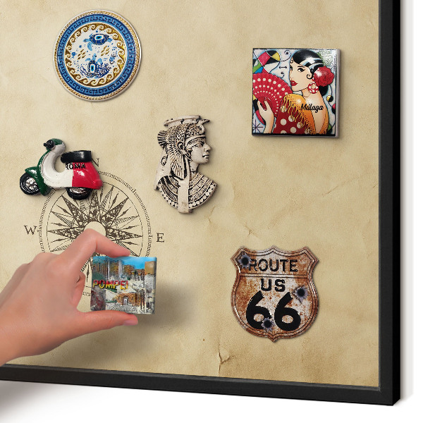 Metal wall board for magnets in a black frame Wind rose