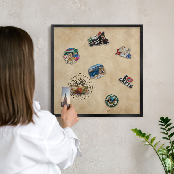 Metal wall board for magnets in a black frame Wind rose