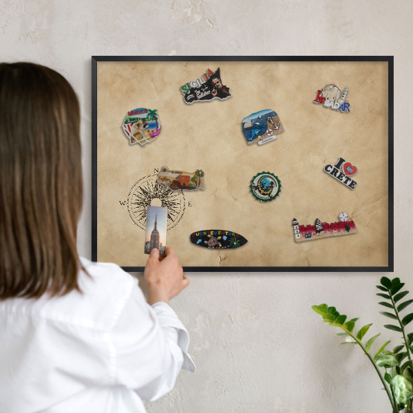 Metal wall board for magnets in a black frame Wind rose