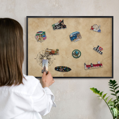 Metal wall board for magnets in a black frame Wind rose