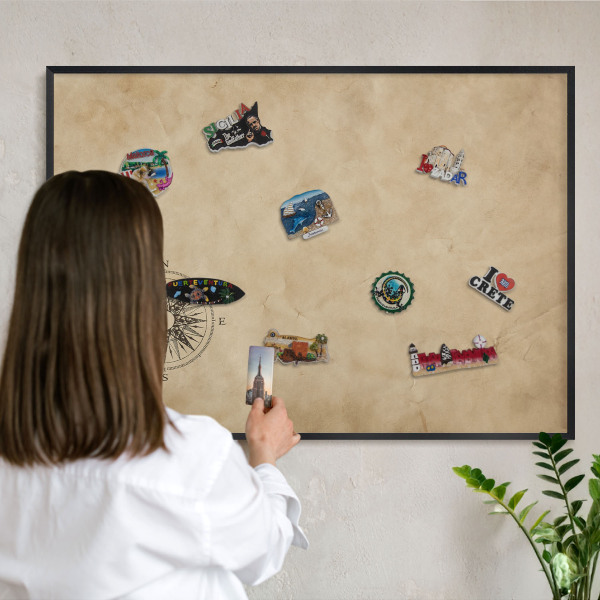 Metal wall board for magnets in a black frame Wind rose