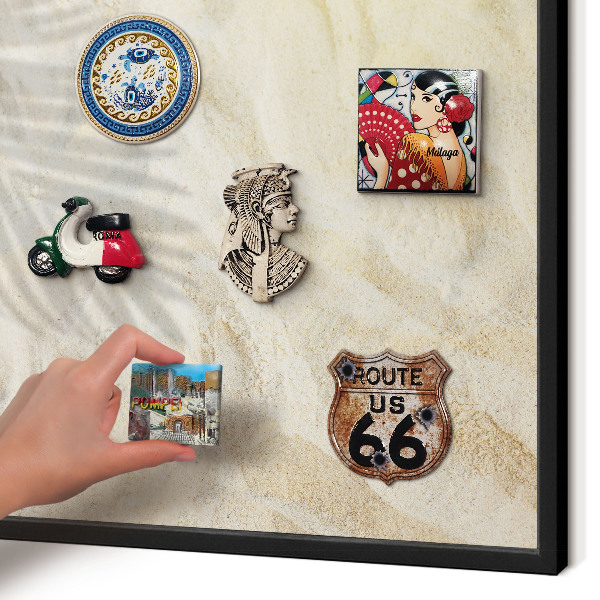Vacation magnet board with a black frame Tropical pattern