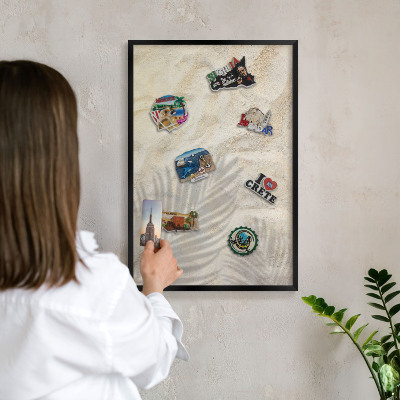 Vacation magnet board with a black frame Tropical pattern