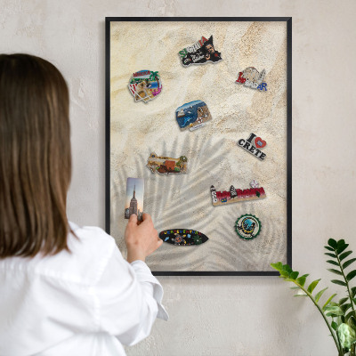 Vacation magnet board with a black frame Tropical pattern