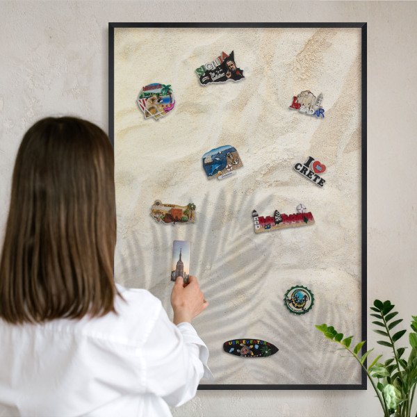 Vacation magnet board with a black frame Tropical pattern
