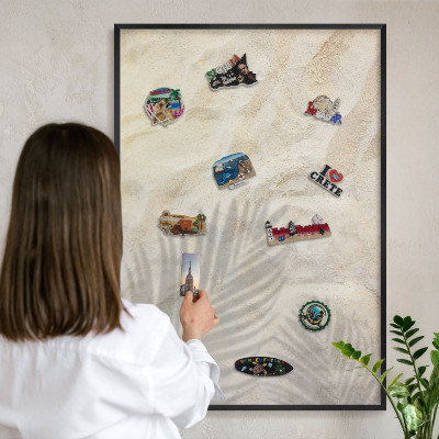 Vacation magnet board with a black frame Tropical pattern