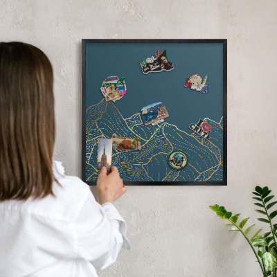 Vacation magnet board with a black frame Mountain minimalism