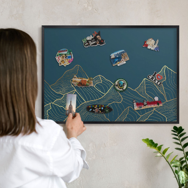 Vacation magnet board with a black frame Mountain minimalism