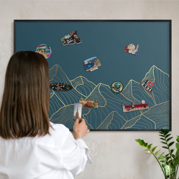 Vacation magnet board with a black frame Mountain minimalism