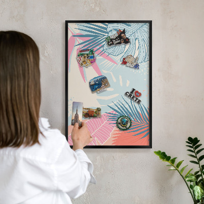 Metal wall board for magnets in a black frame Tropical abstraction