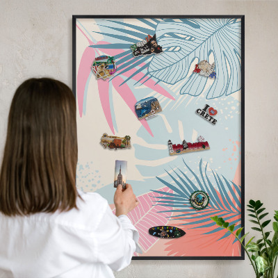 Metal wall board for magnets in a black frame Tropical abstraction