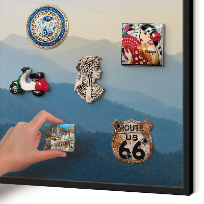Metal wall board for magnets in a black frame Mountain views
