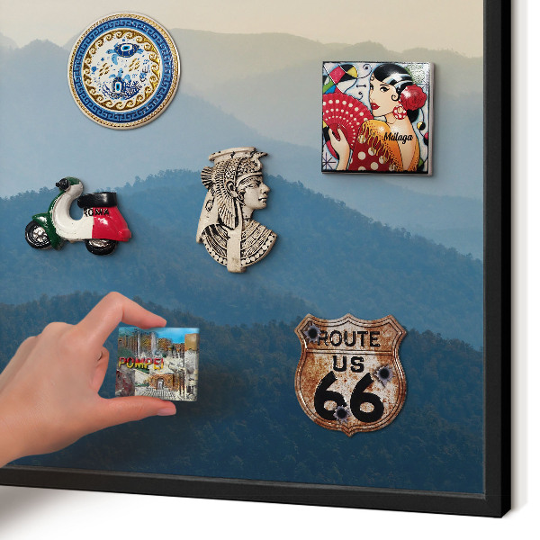 Metal wall board for magnets in a black frame Mountain views