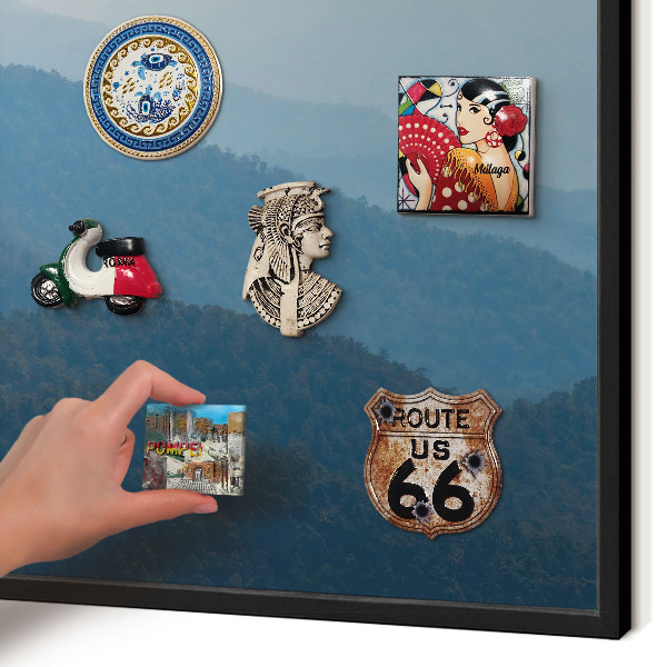 Metal wall board for magnets in a black frame Mountain views