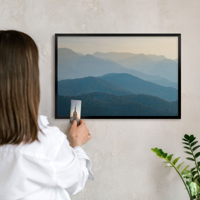 Metal wall board for magnets in a black frame Mountain views