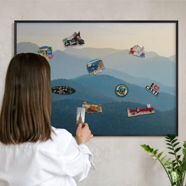 Metal wall board for magnets in a black frame Mountain views