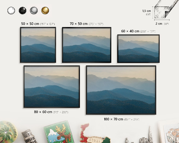 Metal wall board for magnets in a black frame Mountain views