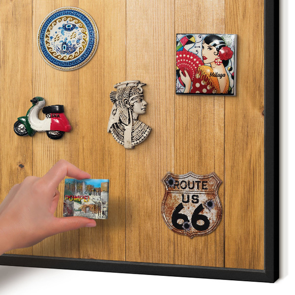 Metal wall board for magnets in a black frame Wooden texture