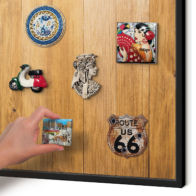Metal wall board for magnets in a black frame Wooden texture