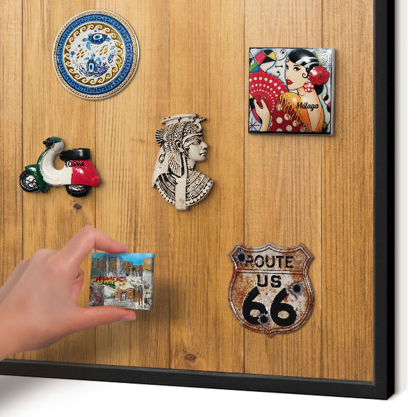 Metal wall board for magnets in a black frame Wooden texture