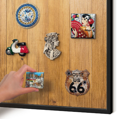 Metal wall board for magnets in a black frame Wooden texture
