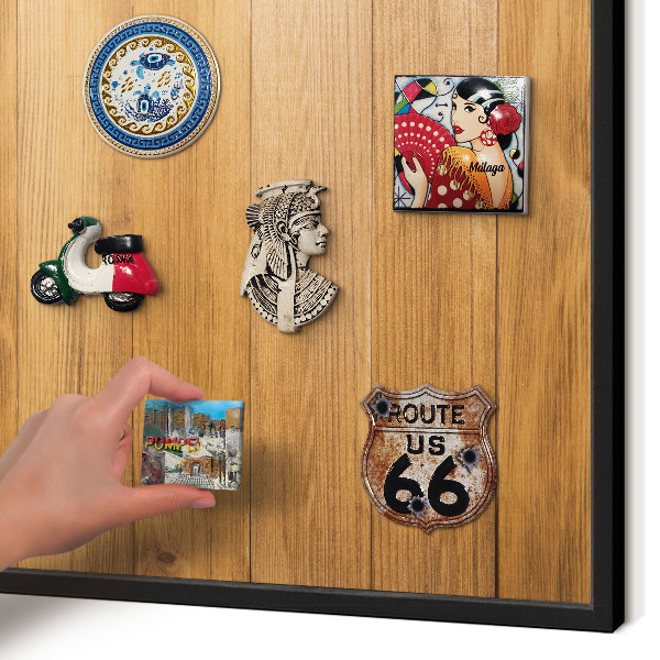 Metal wall board for magnets in a black frame Wooden texture