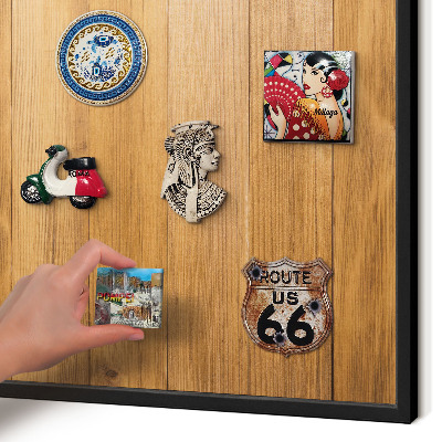 Metal wall board for magnets in a black frame Wooden texture