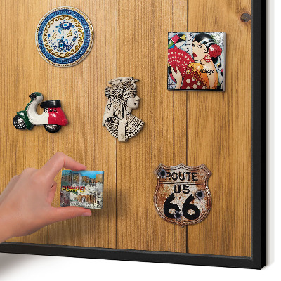 Metal wall board for magnets in a black frame Wooden texture