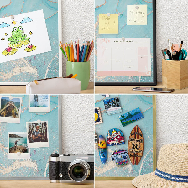 Metal wall board for magnets in a black frame Turquoise elegance