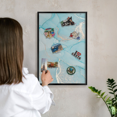Metal wall board for magnets in a black frame Turquoise elegance
