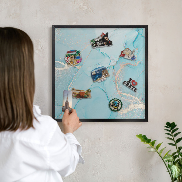 Metal wall board for magnets in a black frame Turquoise elegance