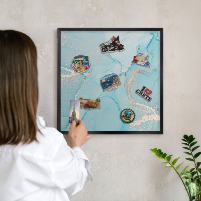 Metal wall board for magnets in a black frame Turquoise elegance