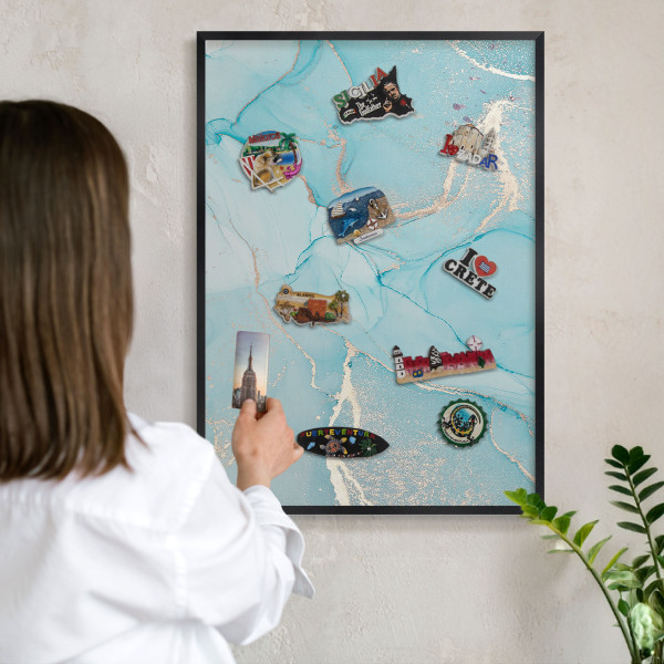 Metal wall board for magnets in a black frame Turquoise elegance